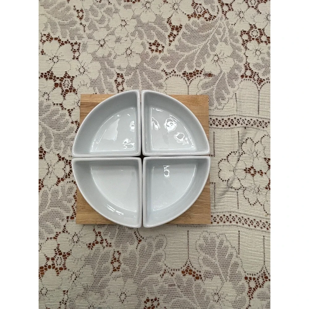 Alex Liddy Porcelain 4 Section Serving Set with Wooden Lazy Susan Turntable Base